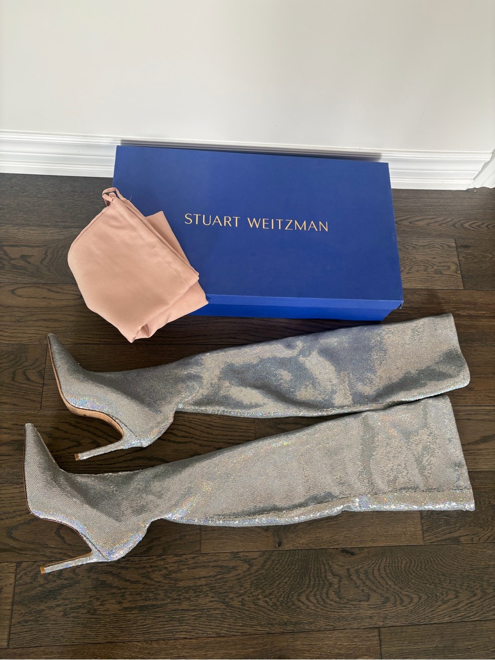Stuart Weitzman Iridescent Silver Over-the-Knee Stiletto Boots